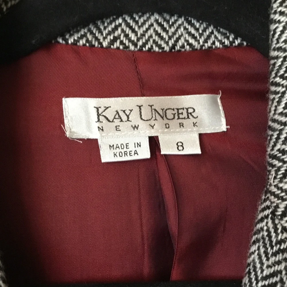 Kay Unger Black & White Herringbone Tweed Wool Blend Blazer - 8
